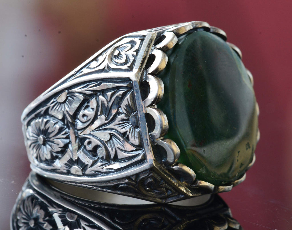 KAMBO Handmade 925 Sterling Silver Men's Ring with Natural Bloodstone Gemstone, Vintage Byzantium Round Design, Statemen