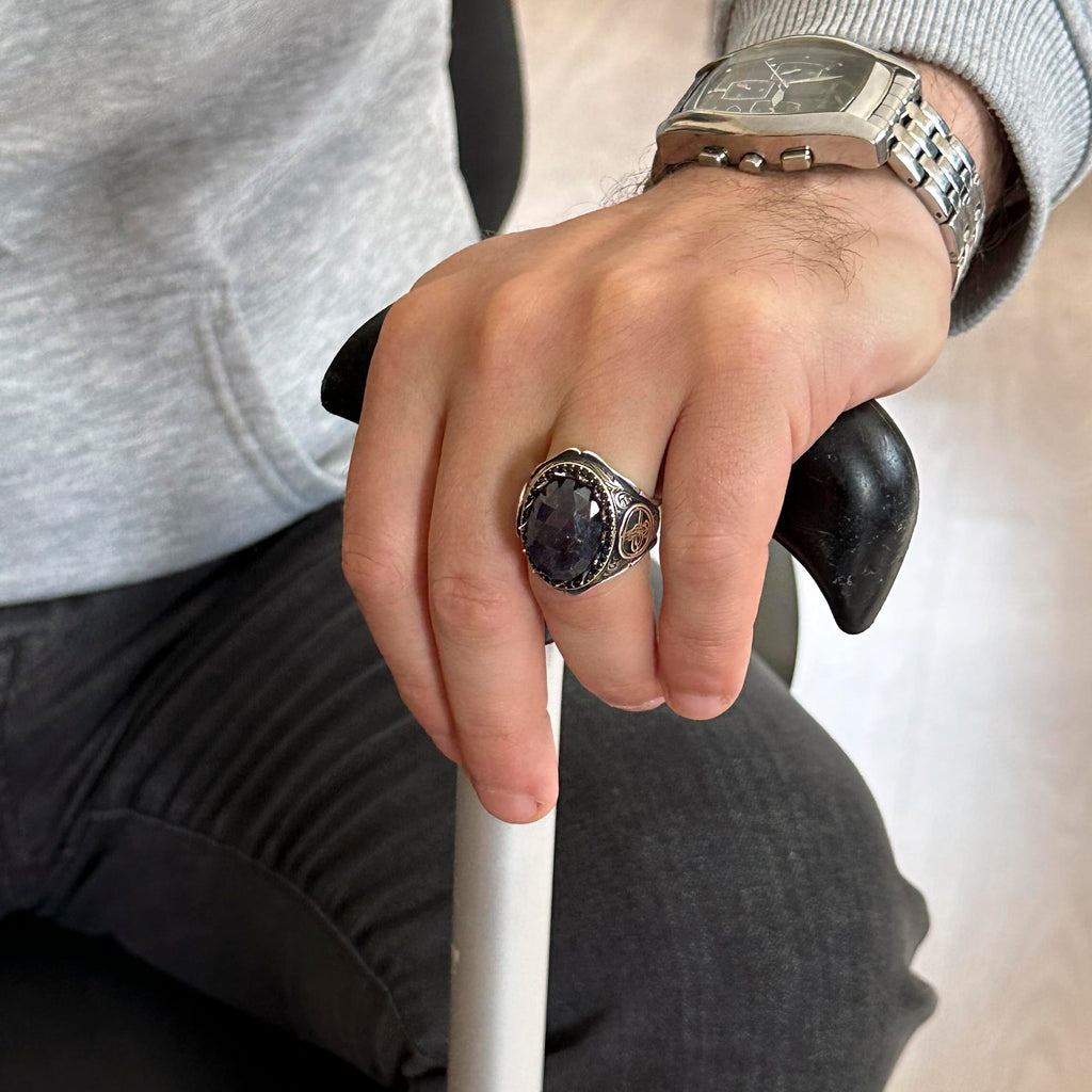 925 Sterling Silver Men's Ring - Handcrafted Elegance with Blue Sapphire Stone — 3
