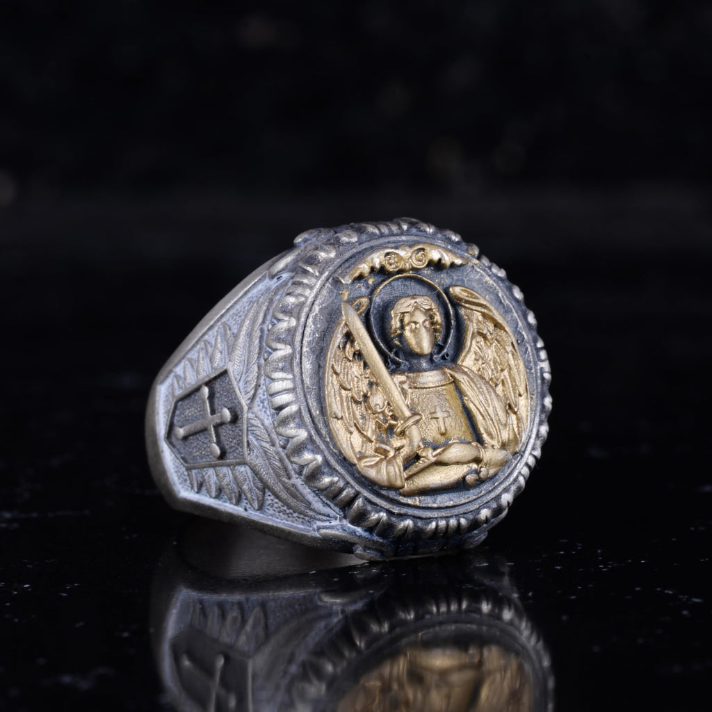 KAMBO Archangel Michael Men's Ring – Gold Plated 925 Sterling Silver Angel Sword Cross Ring – Handmade Christian Statement Jewelry — 6