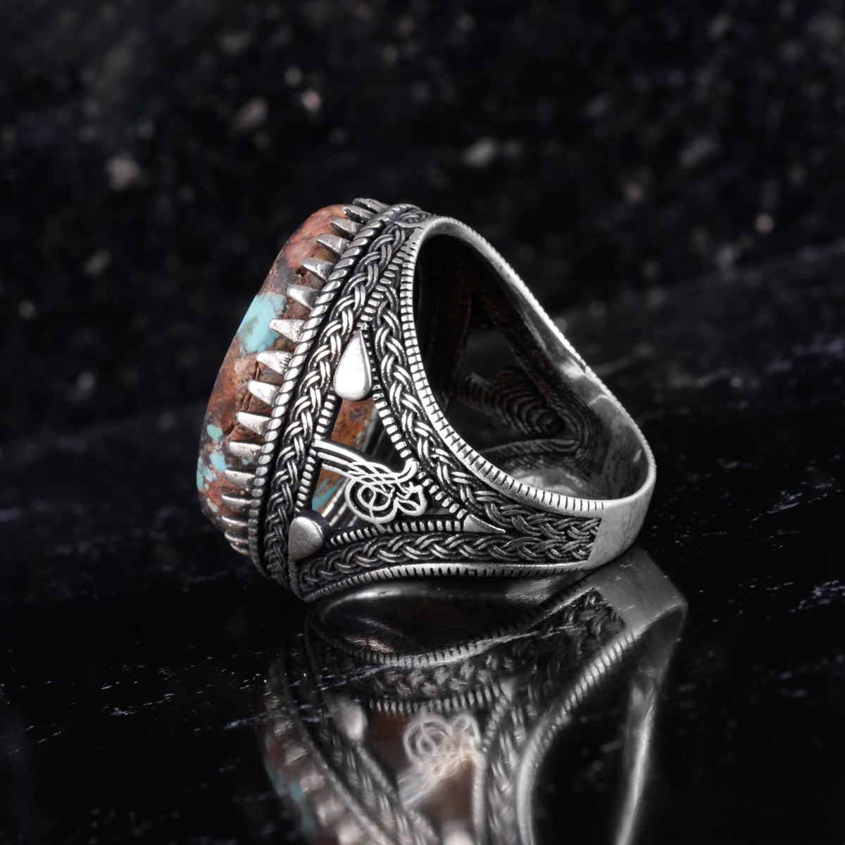 KAMBO Natural Turquoise Stone Ring 925 Sterling Silver Men's Ring Large Oval Stone Ottoman Tugra Style Handmade Vintage Design (Turquoise-1) — 5