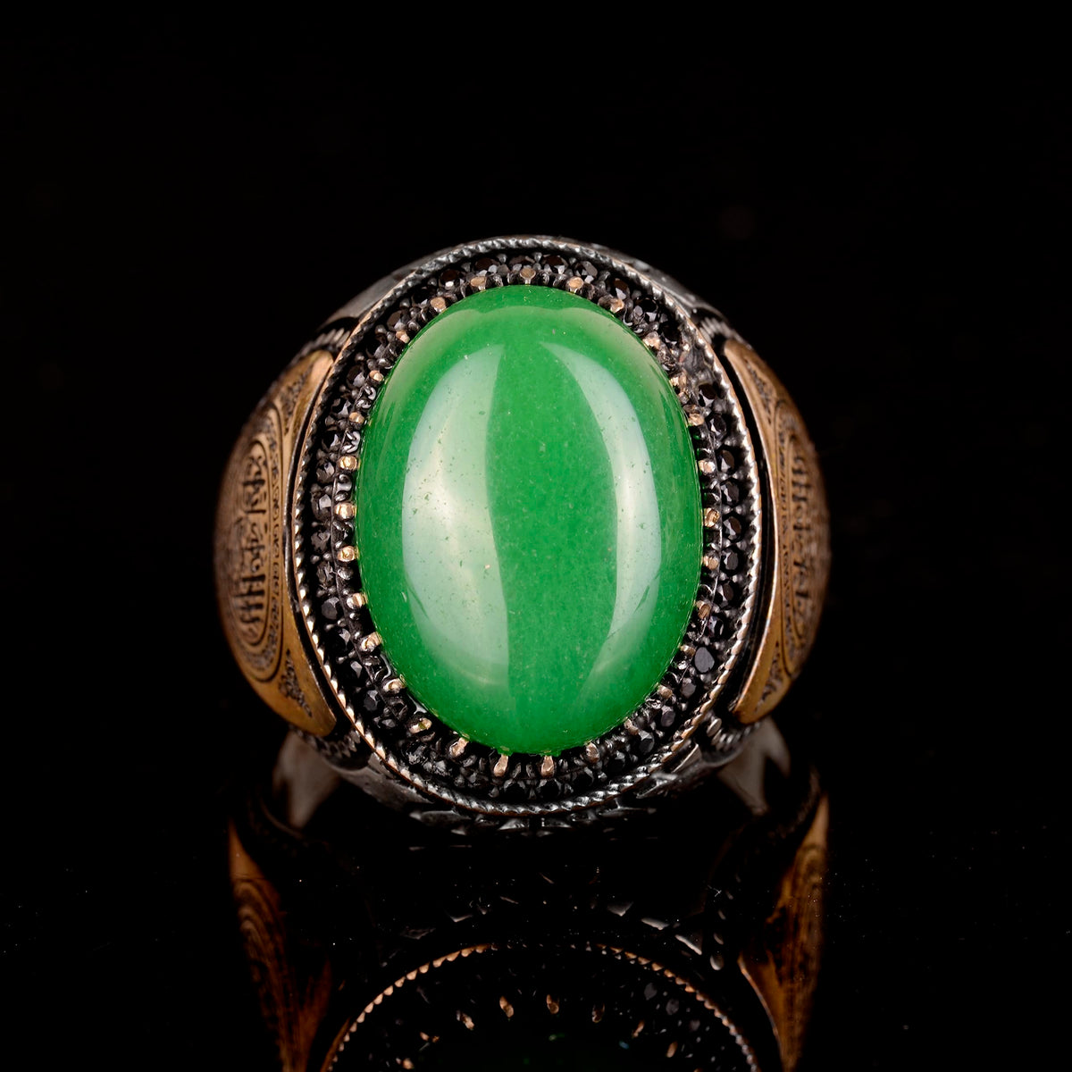 Handmade 925 Sterling Silver Men's Ring Natural Green Jade - Islamic Design — 3