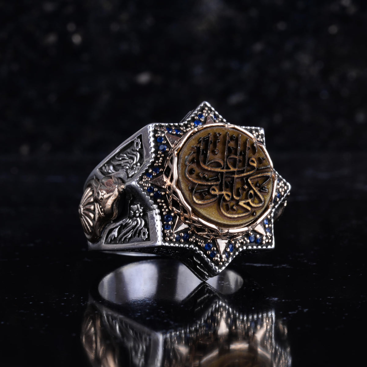 KAMBO 925 Sterling Silver Arabic Calligraphy Star Shaped Bronze Detailed Large Men's Ring Religious Spiritual Statement Ring (“Kefâ bil-mevti vâizan”) — 6