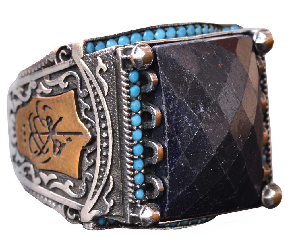 Blue Sapphire Rectangular Stone Ring, 15.45 Carat, Islamic Ring, 925 Sterling Silver Men's Ring