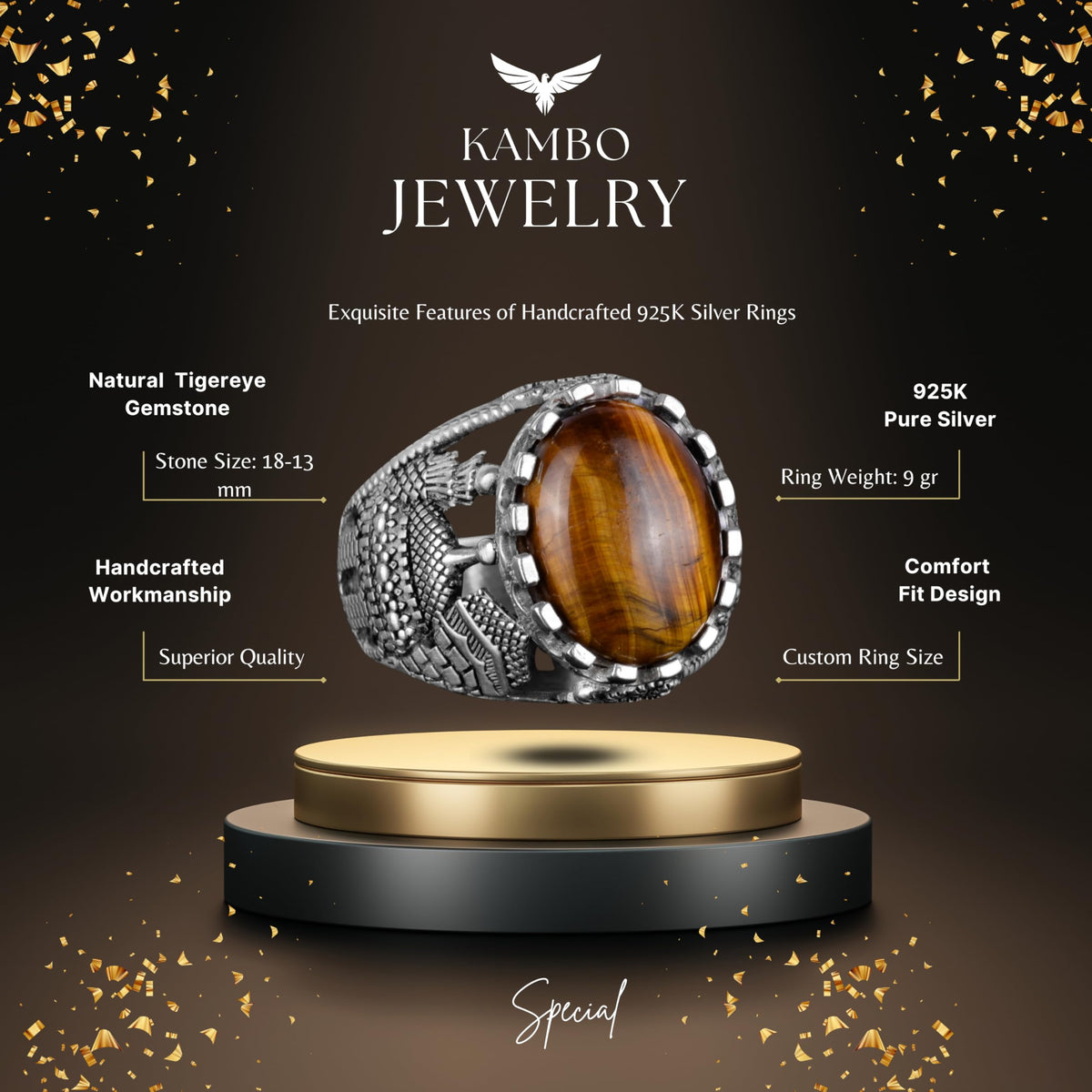Natural Tiger's Eye Stone Ring, 925 Sterling Silver Men's Ring, Stylish Design — 2