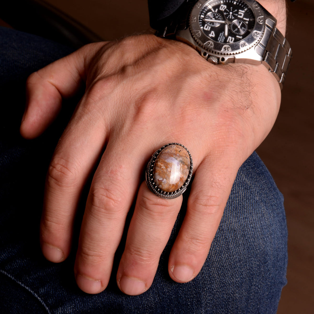 Large Ring, Natural Fire Agate Stone Ring, 925 Sterling Silver — 3