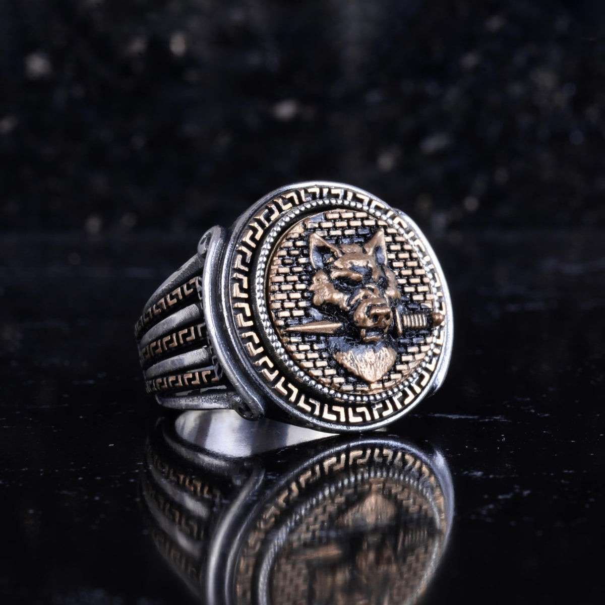 KAMBO Bronze Detailed 925 Sterling Silver Men's Ring Handmade Vintage Symbolic Statement Ring (Wolf Head) — 6