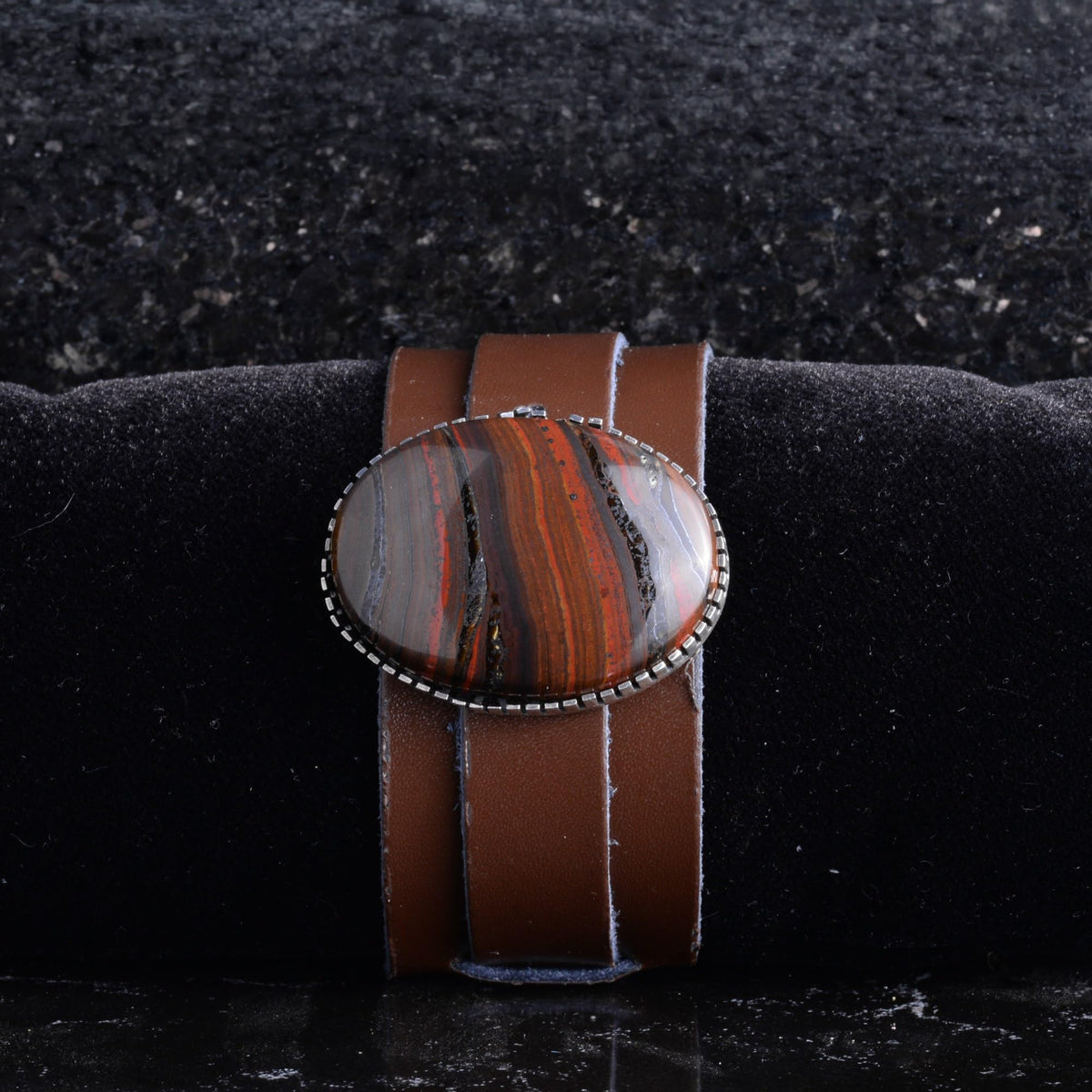 KAMBO Genuine Leather Cuff Bracelet for Men, Blood Stone Natural Gem in 925 Sterling Silver Frame, Handmade Wide Wristba