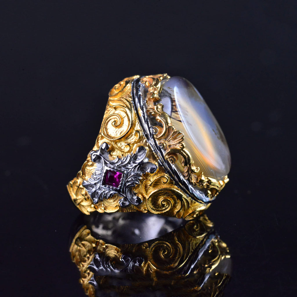 Natural Yemeni Agate Stone Ring, Handmade Sultan Ring, 925 Sterling Silver Gold Plated Men's Ring — 4