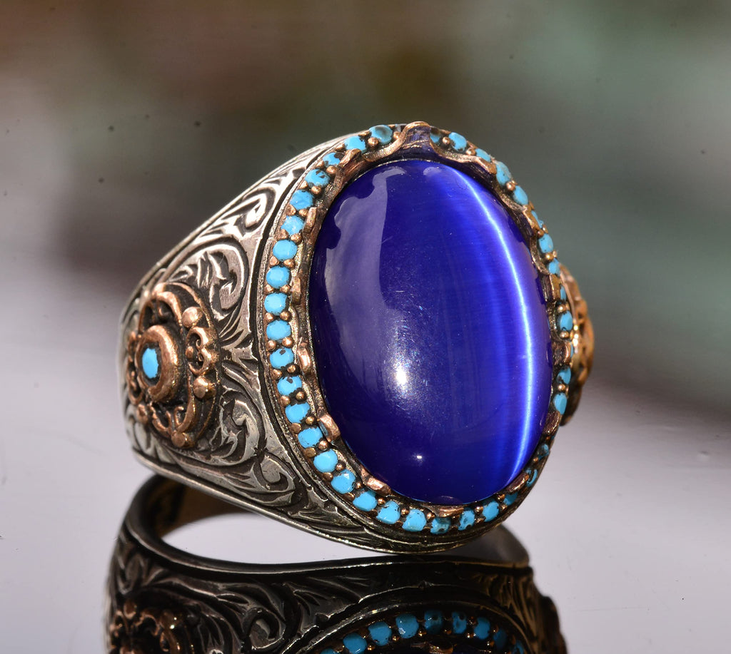 Silver Men's King Ring - Synthetic Blue Eye Stone — 5