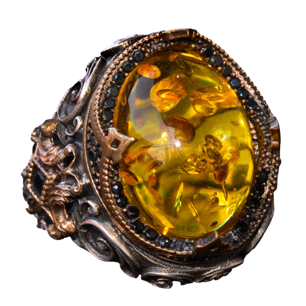Handmade Non-Natural Stone Ring - 925 Sterling Silver Men's Jewelry (Honey Amber)