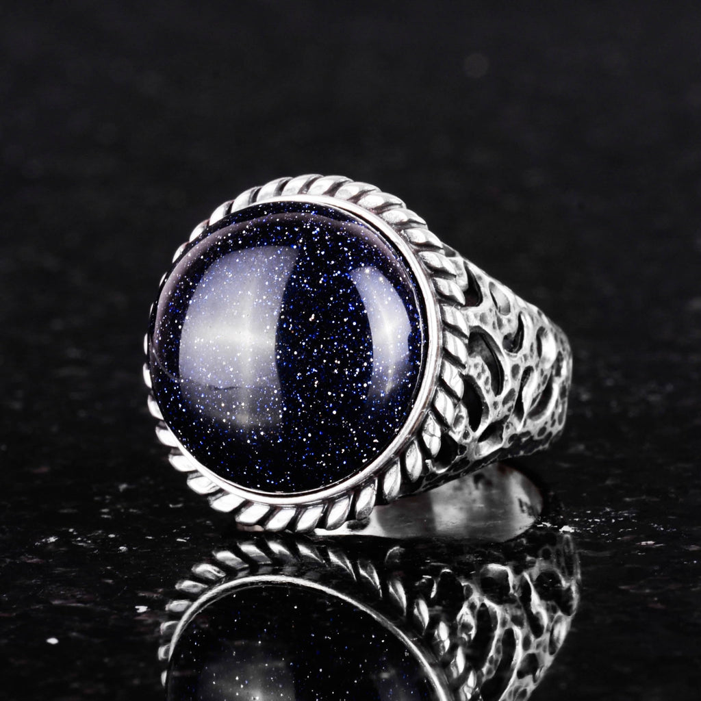 925 Sterling Silver Men's Ring - Handmade Artificial Blue Sunstone Ring - Modern Design — 4