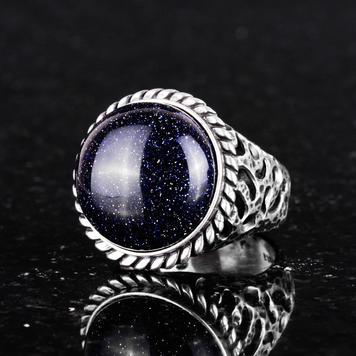 925 Sterling Silver Men's Ring - Handmade Artificial Blue Sunstone Ring - Modern Design — 4