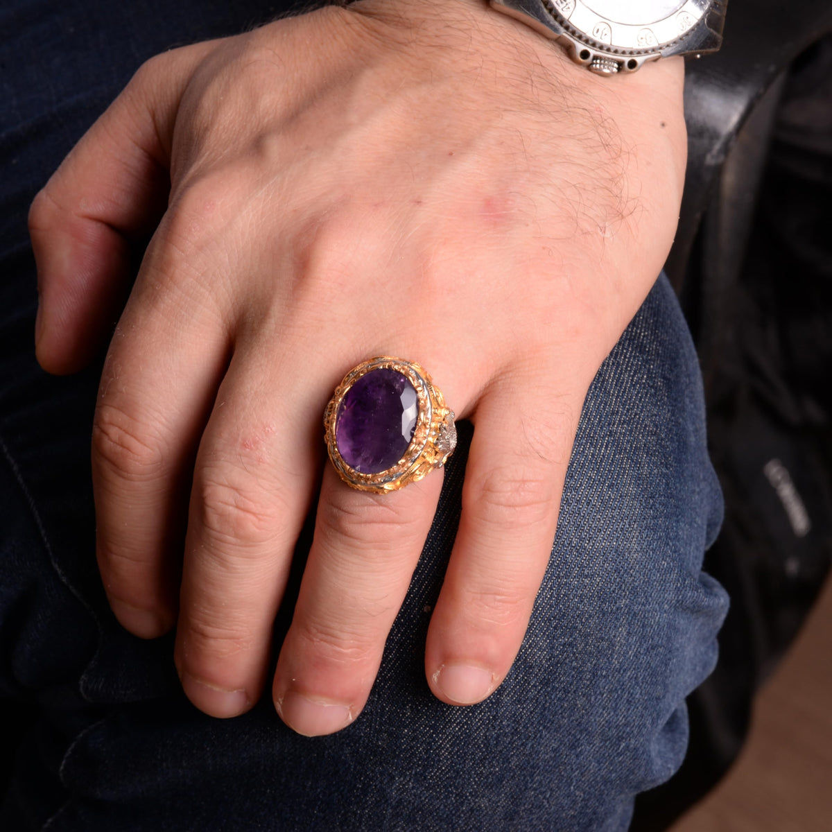 925 Sterling Silver Men's Ring, Natural Amethyst Stone Ring — 3