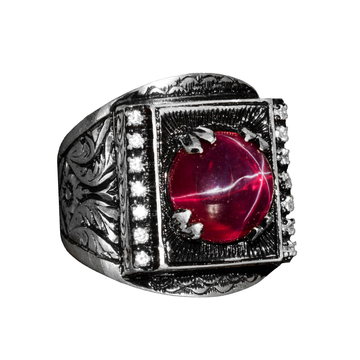 Kambo Real Natural Star Ruby Stone Men's Ring - Calligraphy Craftsmanship, 925 Sterling Silver