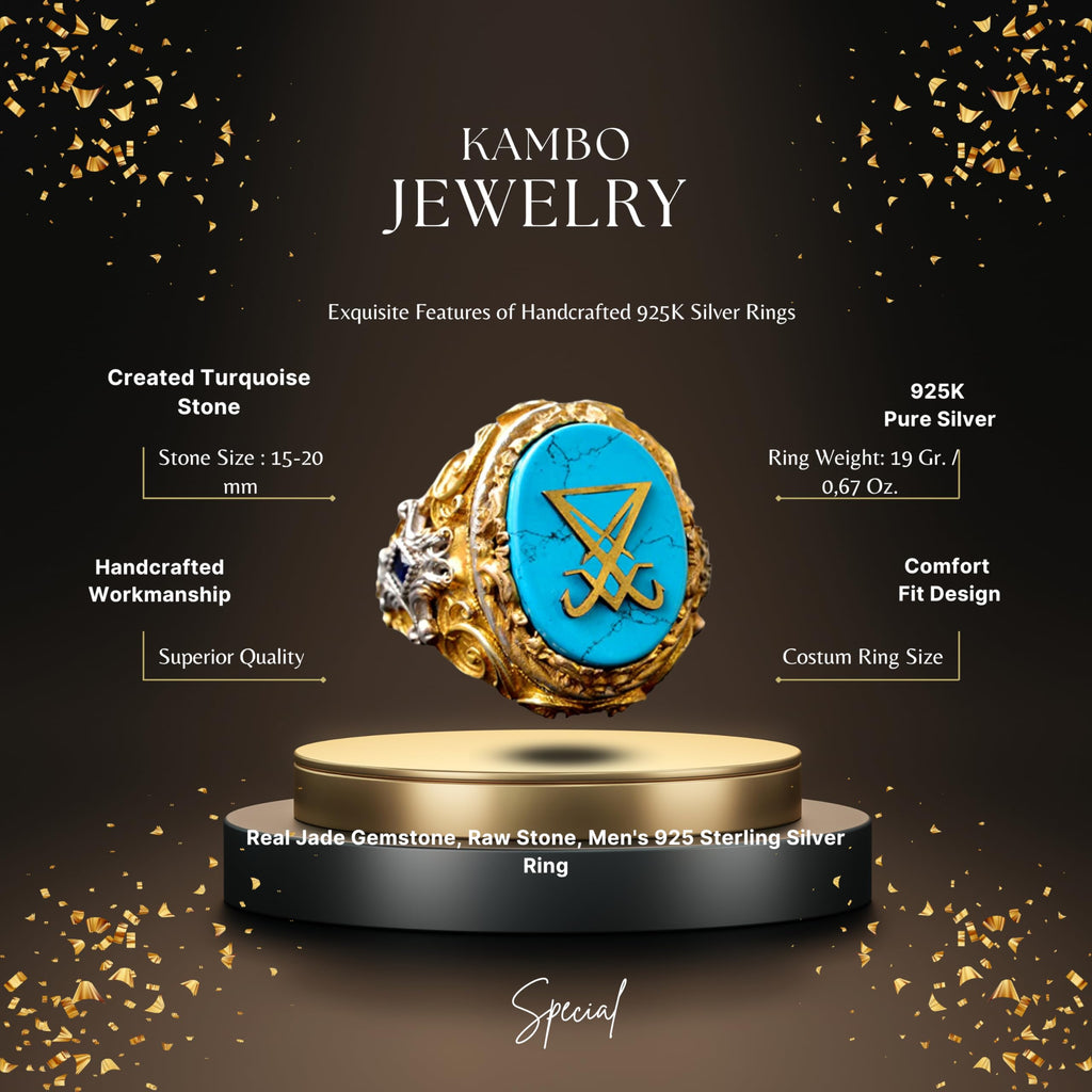 Handcrafted 925 Sterling Silver Men's Lucifer Ring - Natural Turquoise Stone, Gold Plated, Fine Craftsmanship King Seal Design — 2