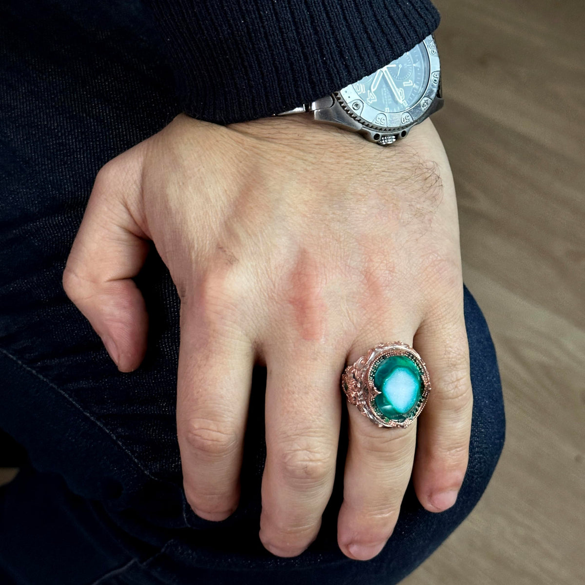 Crystal Drusy Quartz Stone Ring, 925 Sterling Silver Men's Ring — 3