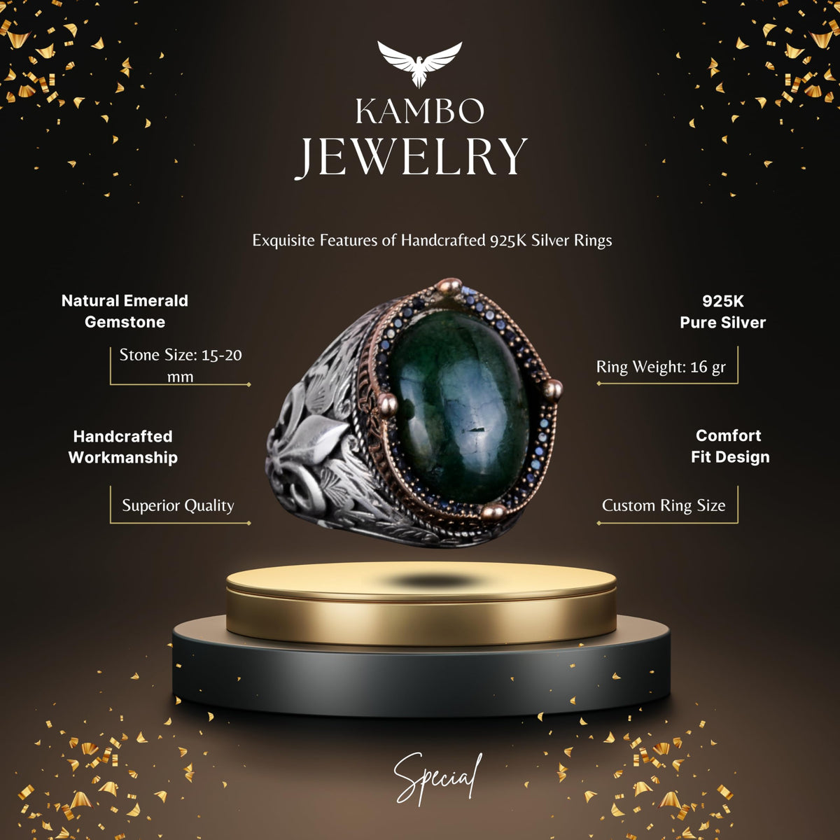 925 Sterling Silver Handmade Men's Ring - Available with Various Natural Stones (Cabochon Emerald) — 5