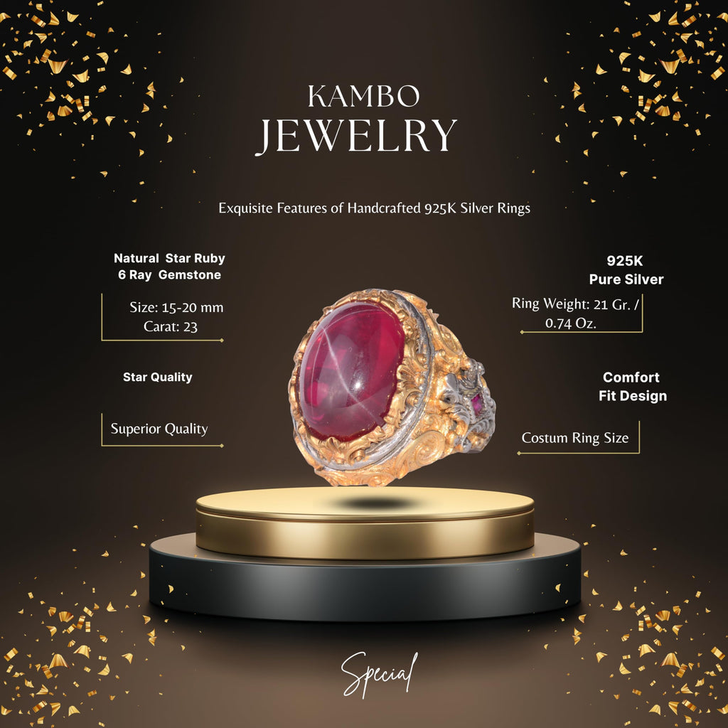 KAMBO Natural Star Ruby Stone Ring for Men Gold Plated 925 Sterling Silver Ottoman Pattern Handmade Statement Ring Asterism Ruby — 2