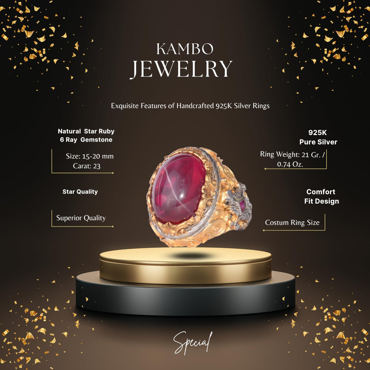 KAMBO Natural Star Ruby Stone Ring for Men Gold Plated 925 Sterling Silver Ottoman Pattern Handmade Statement Ring Asterism Ruby — 2