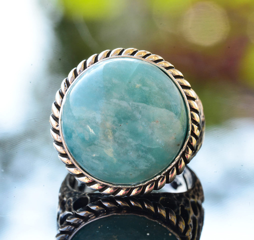 Natural Amazonite Round Stone Ring, Silver Men's Ring — 5