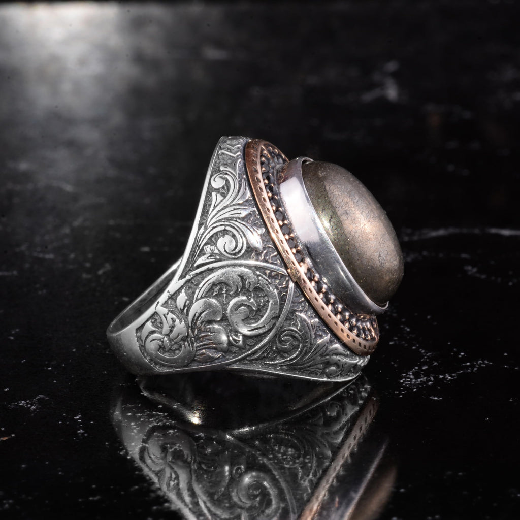 Men's Natural Stone Large Ring – Oval Stone Vintage Byzantine Engraved Statement Ring – Antique Filigree 925 Sterling Silver Jewelry (Pyrite) — 5
