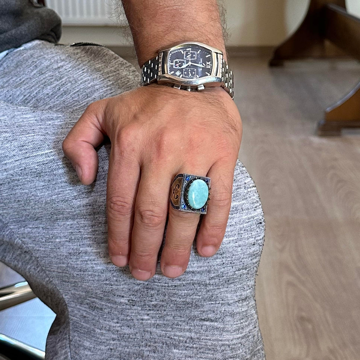 Natural Larimar Stone Ring - 925 Sterling Silver Islamic Ring - Handcrafted Calligraphy Ring — 3