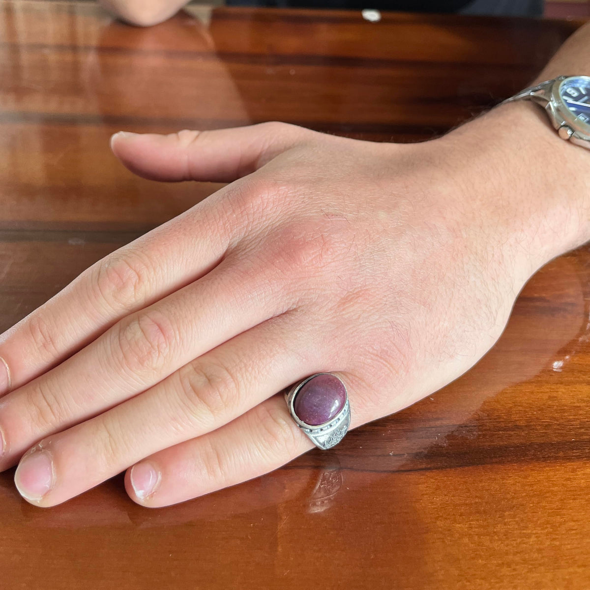 KAMBO Natural Ruby Stone Men's Ring 925 Sterling Silver - Carved Vintage Design Handmade (Model-2) — 3