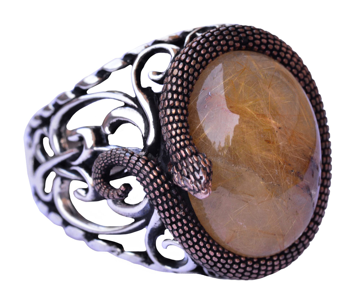 925 Sterling Silver Men's Ring - Gold Rutile Quartz Stone
