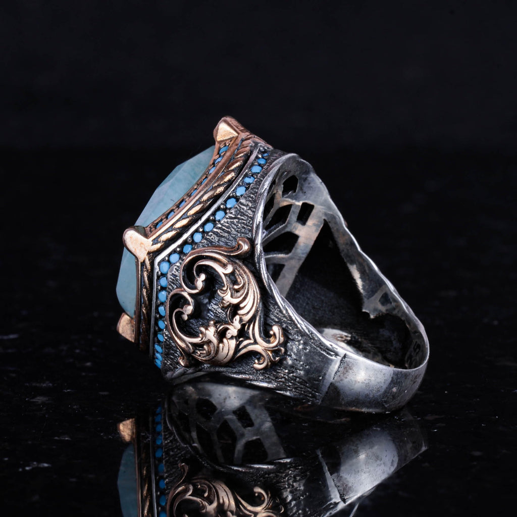 925 Sterling Silver Ring, Natural Amazonite Stone Men's Ring, Handmade Vintage Design — 6