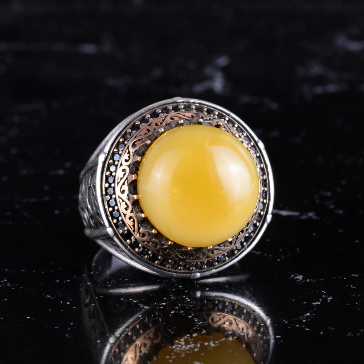 KAMBO Stone 925 Sterling Silver Men's Round Ring with Bronze Detail Vintage Ottoman Style Handmade Silver Ring (Amber) — 5