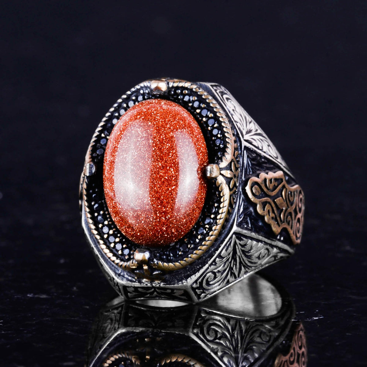 925 Sterling Silver Men's Ring, Brown Synthetic Sunstone Ring, Stylish Silver Men's Ring — 5