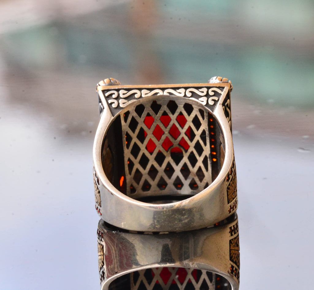 Natural Red Agate Stone Ring - Silver Men's Sultan Ring — 7
