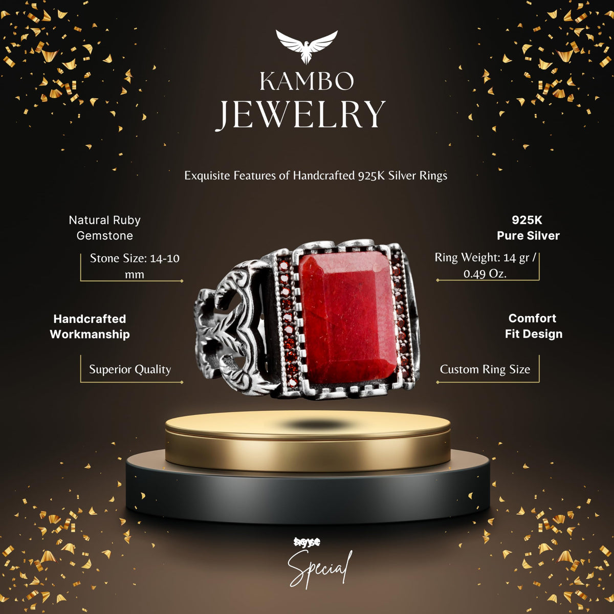 925 Sterling Silver Men's Ring Natural Ruby Stone - Stylish Red Stone Ring — 2