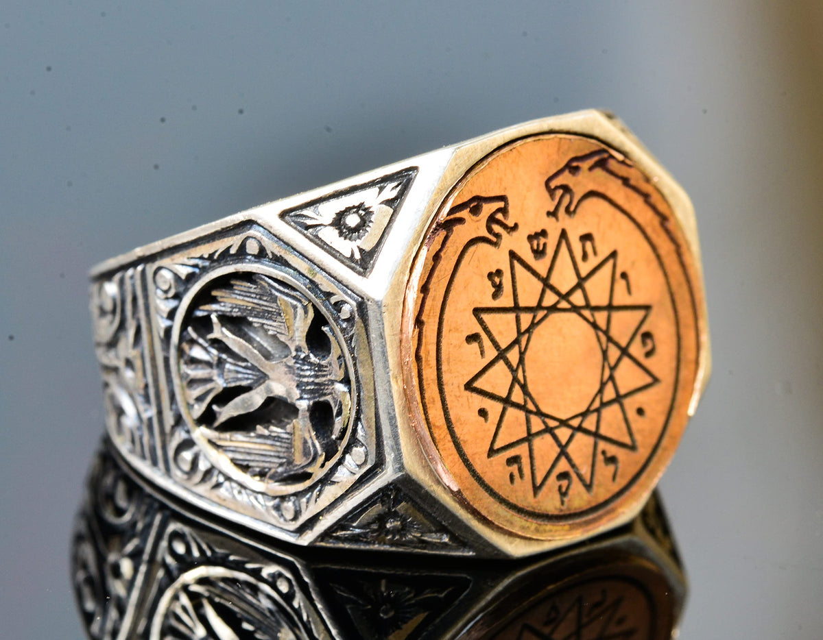 KAMBO Men's Masonic Ring Handmade 925 Sterling Silver Jewish Magic Ring with Double Headed Dragon Design Vintage Stateme