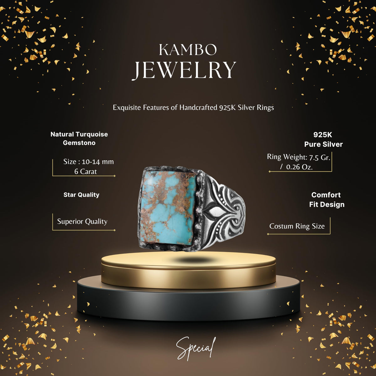 KAMBO Natural Turquoise Stone Square Ring – Vintage Carved Design 925 Sterling Silver Men's Statement Jewelry (Style-1) — 2