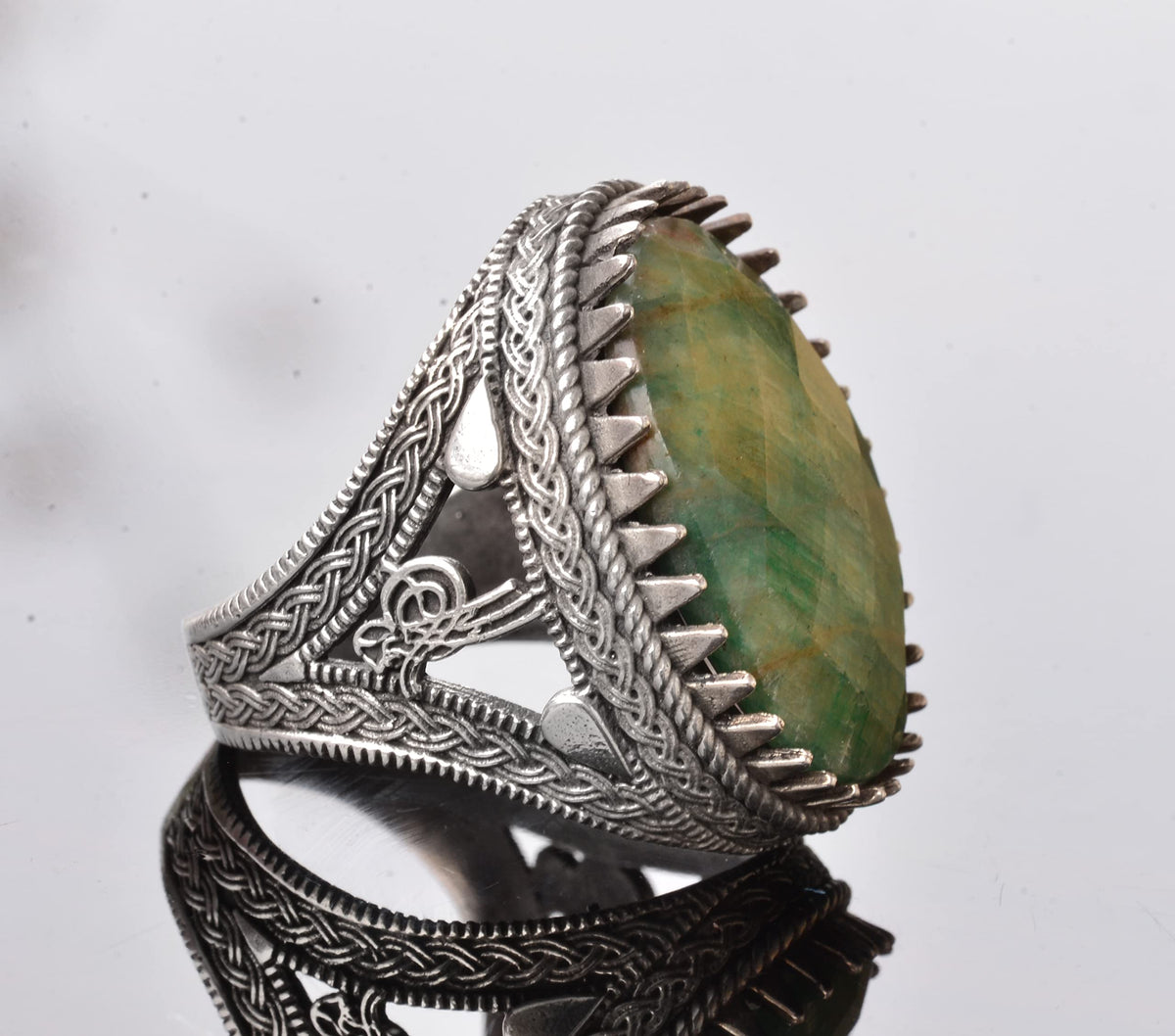 Handmade 925 Sterling Silver Men's Ring - Emerald Stone - Ottoman Design — 4