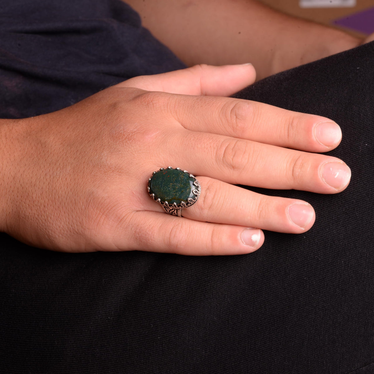 KAMBO Genuine Natural Bloodstone Ring, 925 Sterling Silver Men's Large Ring (Personalization) — 3