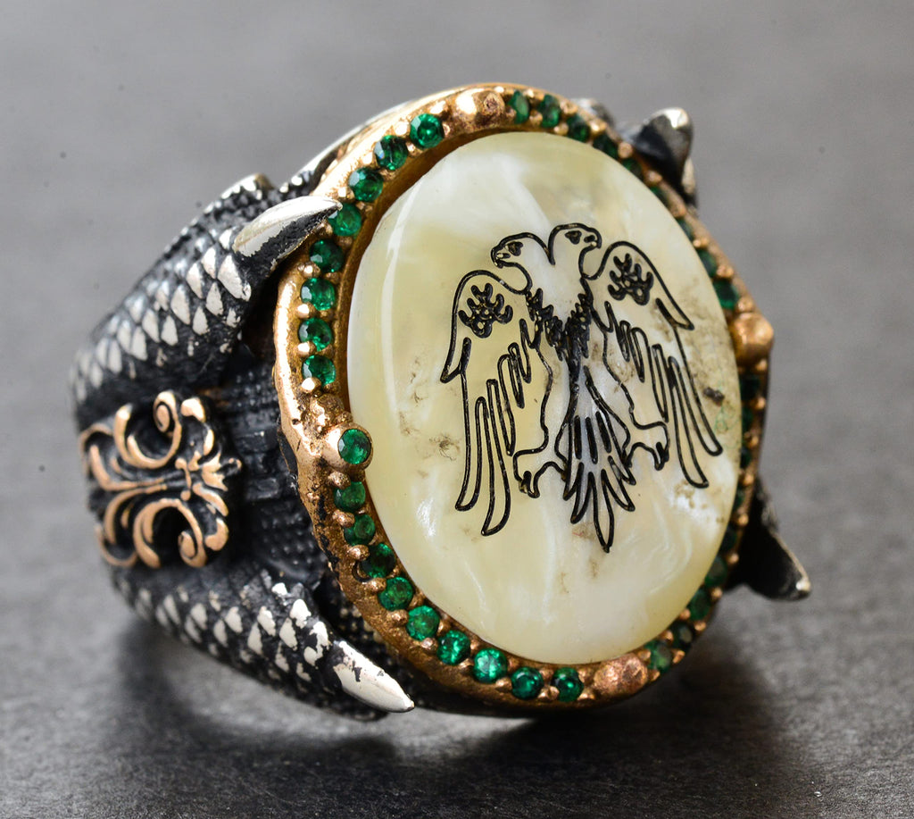 Silver Double-Headed Eagle Ring - Green Stones and Pearl — 3