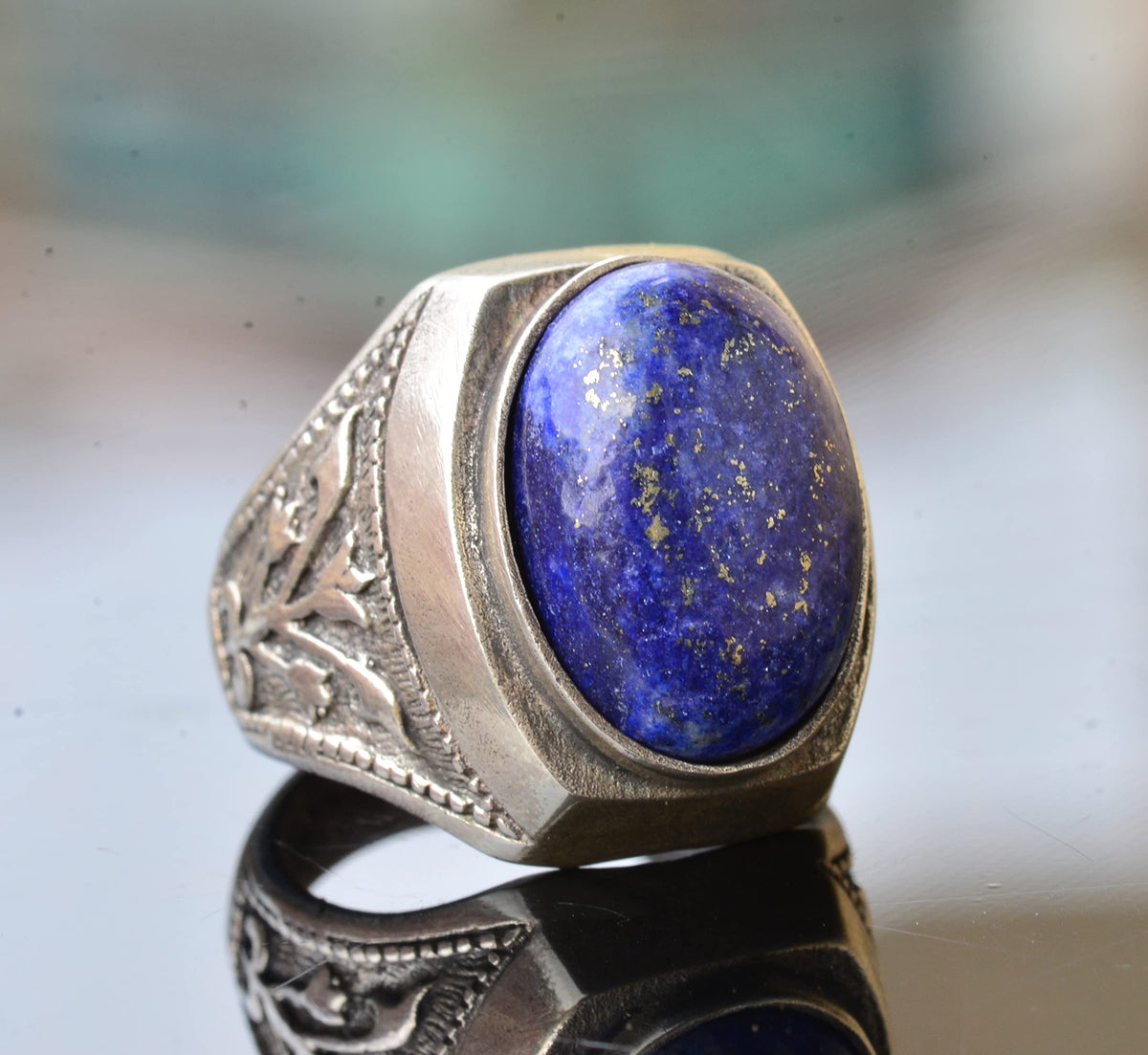 KAMBO Tulip Motif and Natural Lapis Lazuli Stone 925 Sterling Silver Men's Ring — 3