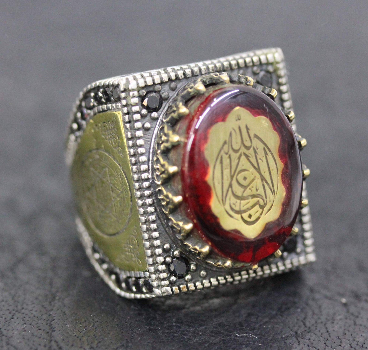 Men's Silver Ring, Mosque Engraved Ring, Amber Stone, Islamic Ring — 4