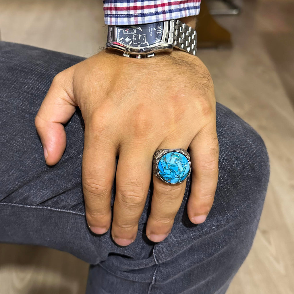 KAMBO Handmade 925 Sterling Silver Men's Ring with Genuine Natural Turquoise Stone, Ornate Vintage Design, Modern Statem