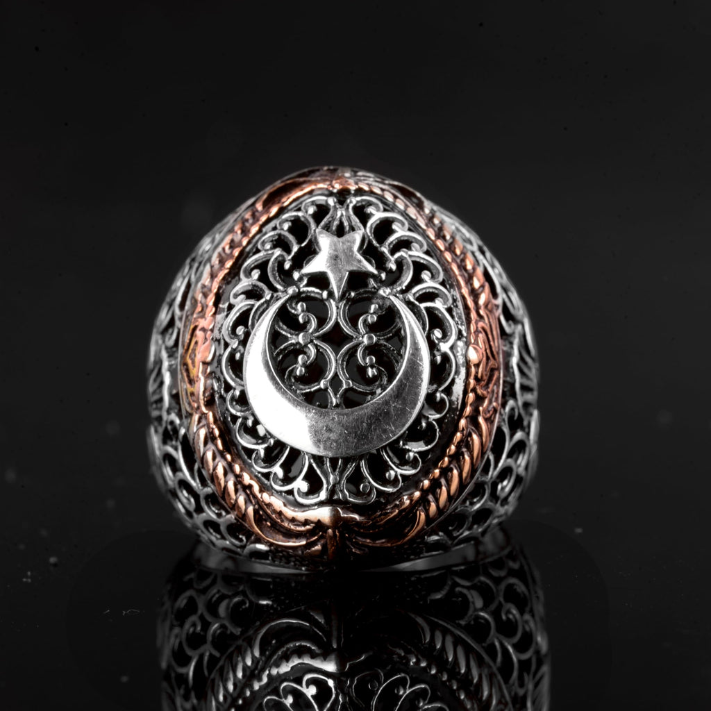 KAMBO Handmade 925 Sterling Silver Moon and Star Ring for Men, Adjustable Vintage Flag Style Statement Jewelry, Masculin