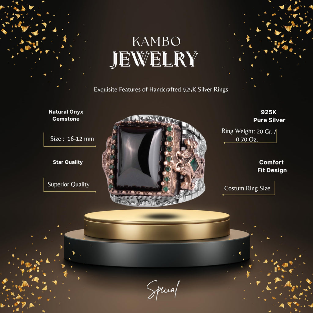 KAMBO Natural Onyx Stone 925 Sterling Silver Men's Ring – Handmade Ottoman Style Statement Ring – Vintage Turkish Jewelry — 2