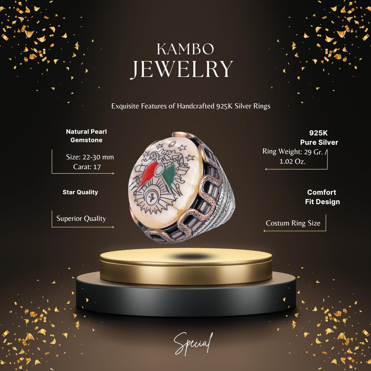 KAMBO Natural Pearl Stone Ottoman Empire Emblem Large Ring Men's 925 Sterling Silver Bronze Detailed Handmade Statement Ring — 2