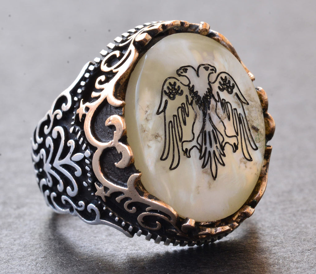 Silver Twin-Headed Eagle Ring - Pearl Detail Design — 3