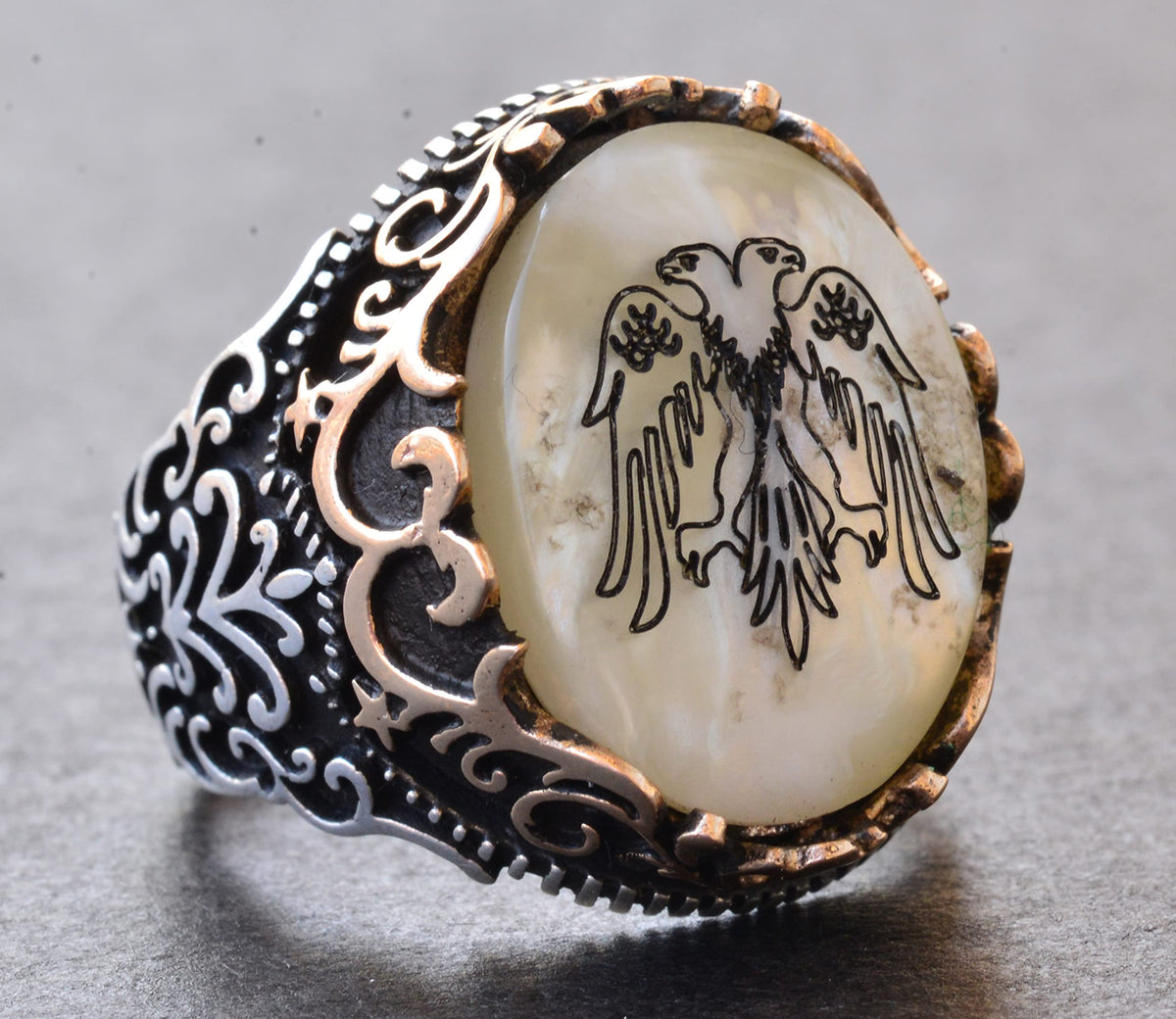 Silver Twin-Headed Eagle Ring - Pearl Detail Design — 3