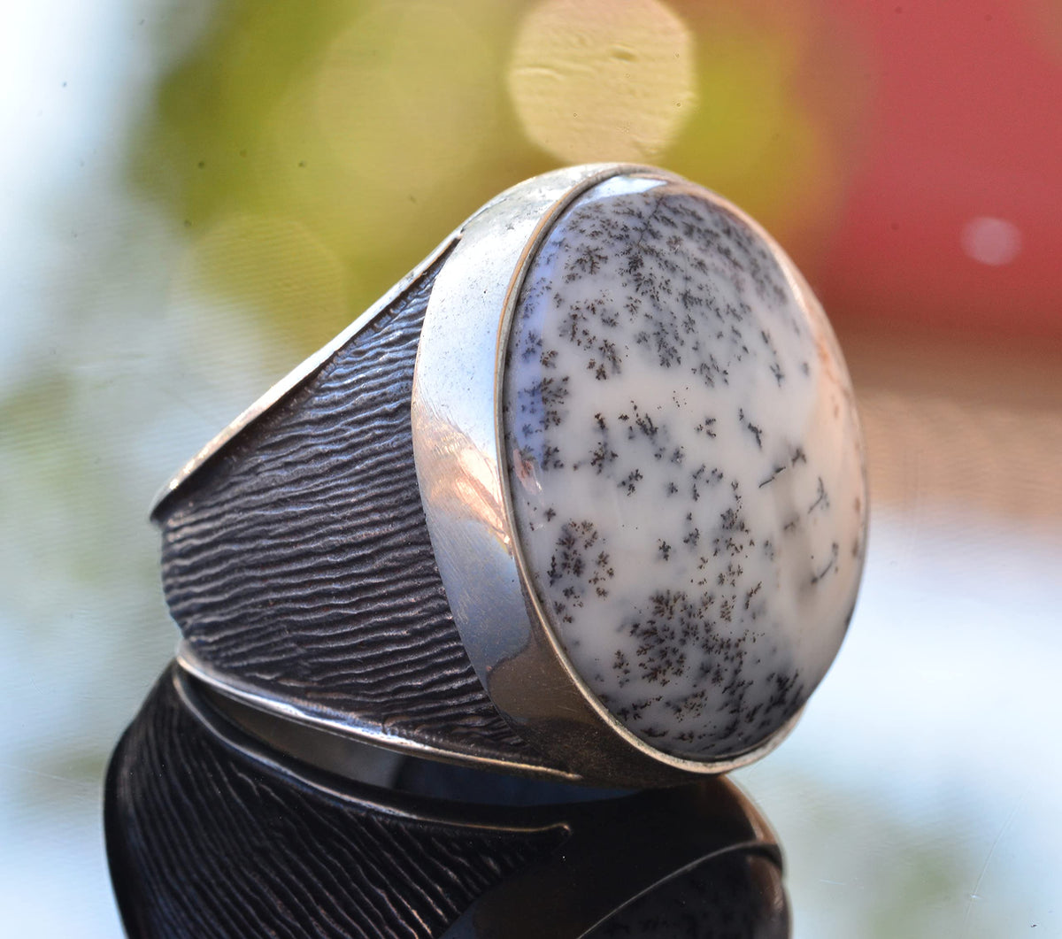 KAMBO Real Dendritic Opal Stone Ring - Large Ring - 925 Sterling Silver — 4