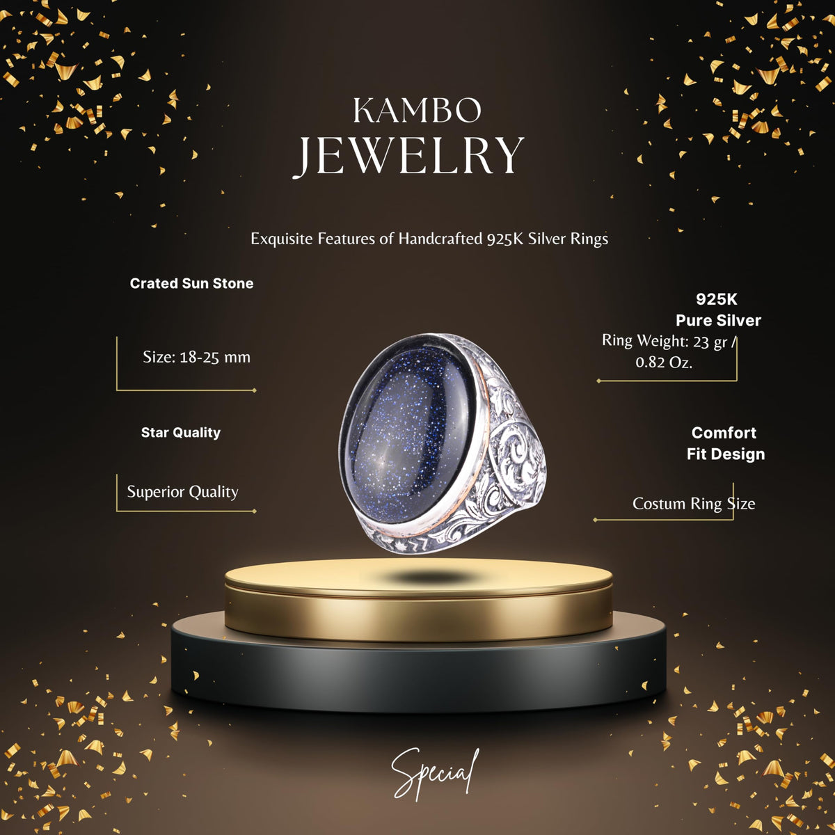 KAMBO Sunstone Large Ring for Men - Oval Cabochon Vintage Carved Statement Ring - 925 Sterling Silver Handmade Men's Jewelry — 2