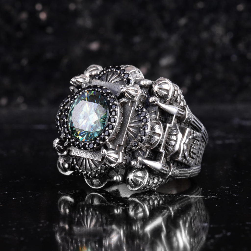 KAMBO Large Natural Stone Men's Ring 925 Sterling Silver – Handmade Statement Ring Inspired by Islamic Mosque (Mozanite-2) — 5