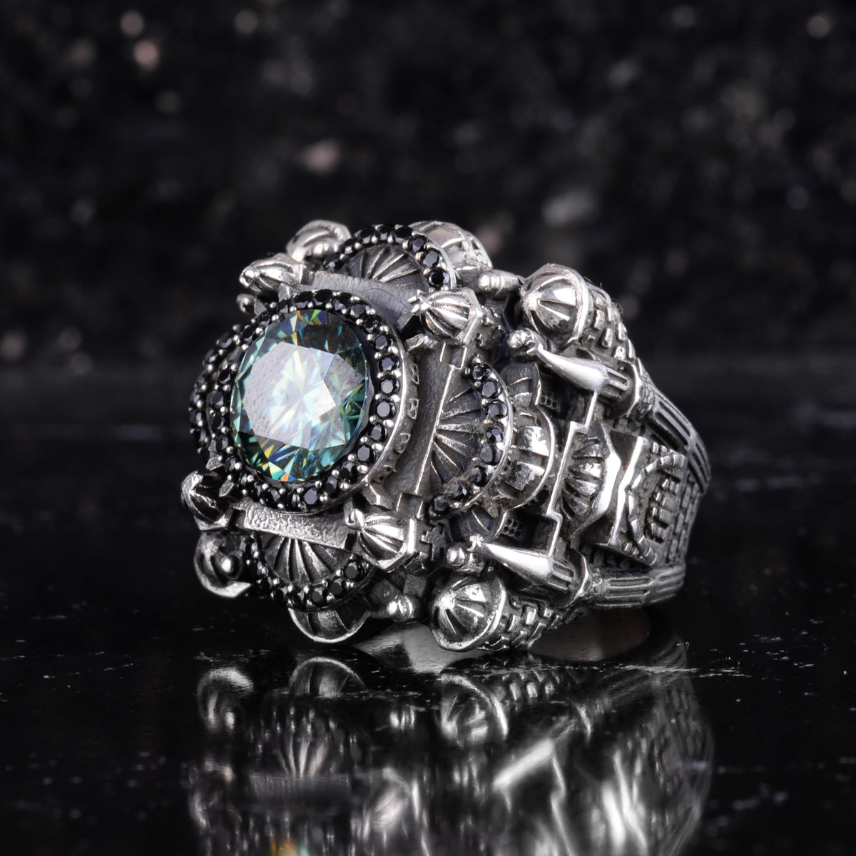 KAMBO Large Natural Stone Men's Ring 925 Sterling Silver – Handmade Statement Ring Inspired by Islamic Mosque (Mozanite-2) — 5